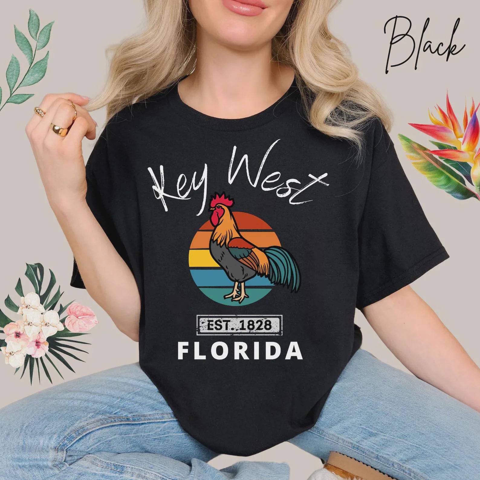 Key West Florida Rooster Retro Sunset Souvenir Tee - Unisex Florida Keys Rooster Design Tee, Florida Souvenir, Key West Merch, Beach Vacation Shirt
