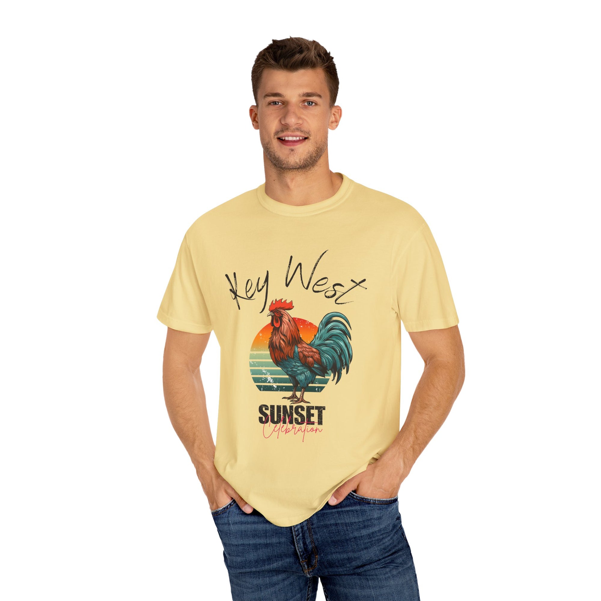 Key West Sunset Rooster T-Shirt, Unisex Summer Tee, Beach Vacation Shirt, Florida Souvenir Apparel, Casual Graphic Tee