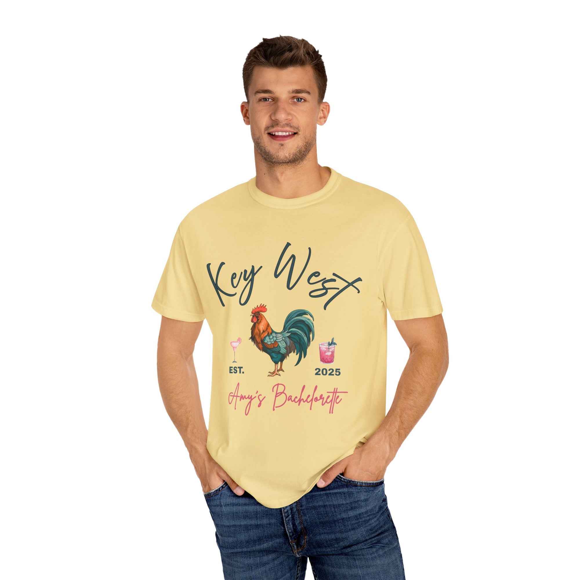 Key West Custom Bachelorette Party T-Shirt - Key West Florida Tee Rooster Bachelorette Shirt - Bridesmaid Proposal Gift Unisex Garment-Dyed