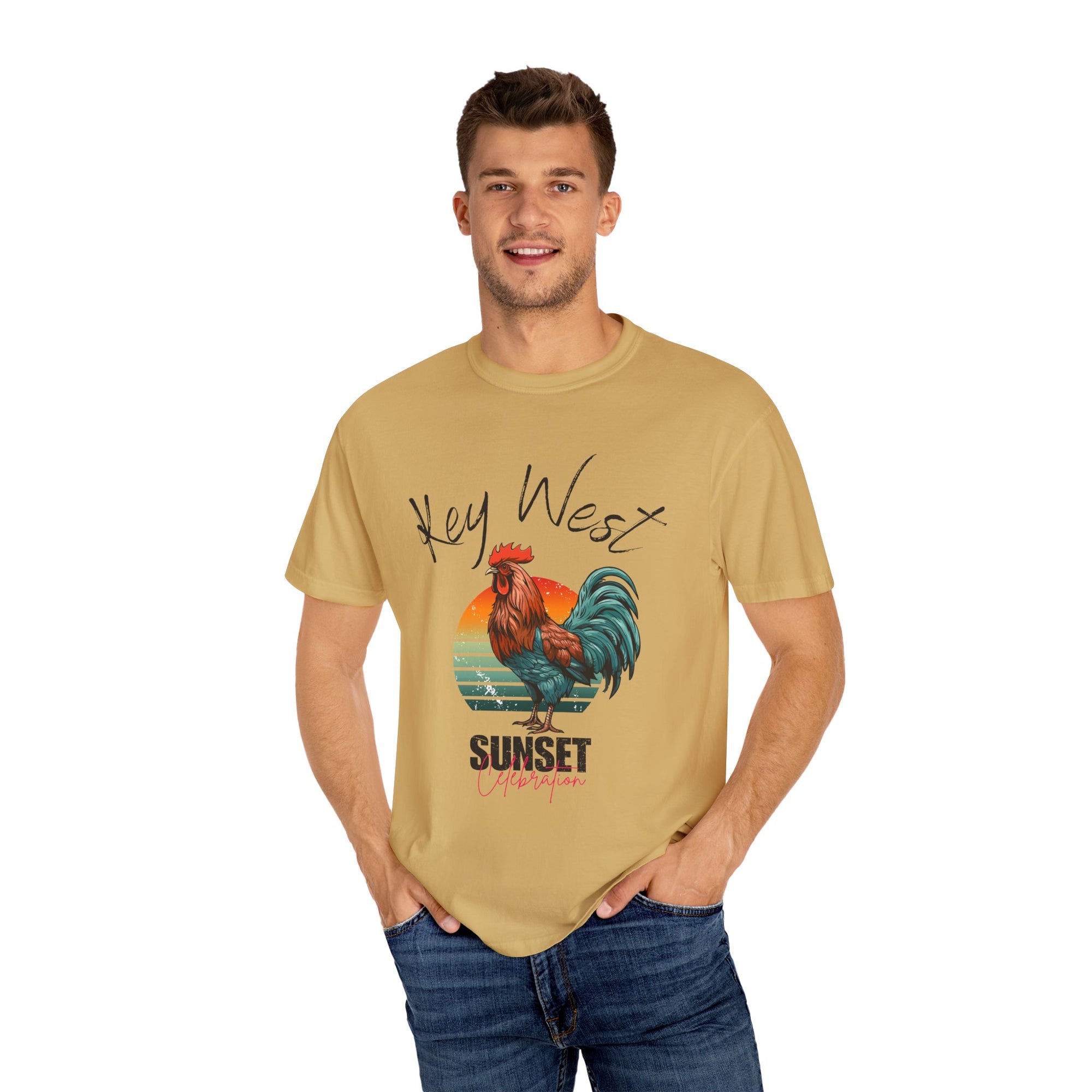 Key West Sunset Rooster T-Shirt, Unisex Summer Tee, Beach Vacation Shirt, Florida Souvenir Apparel, Casual Graphic Tee