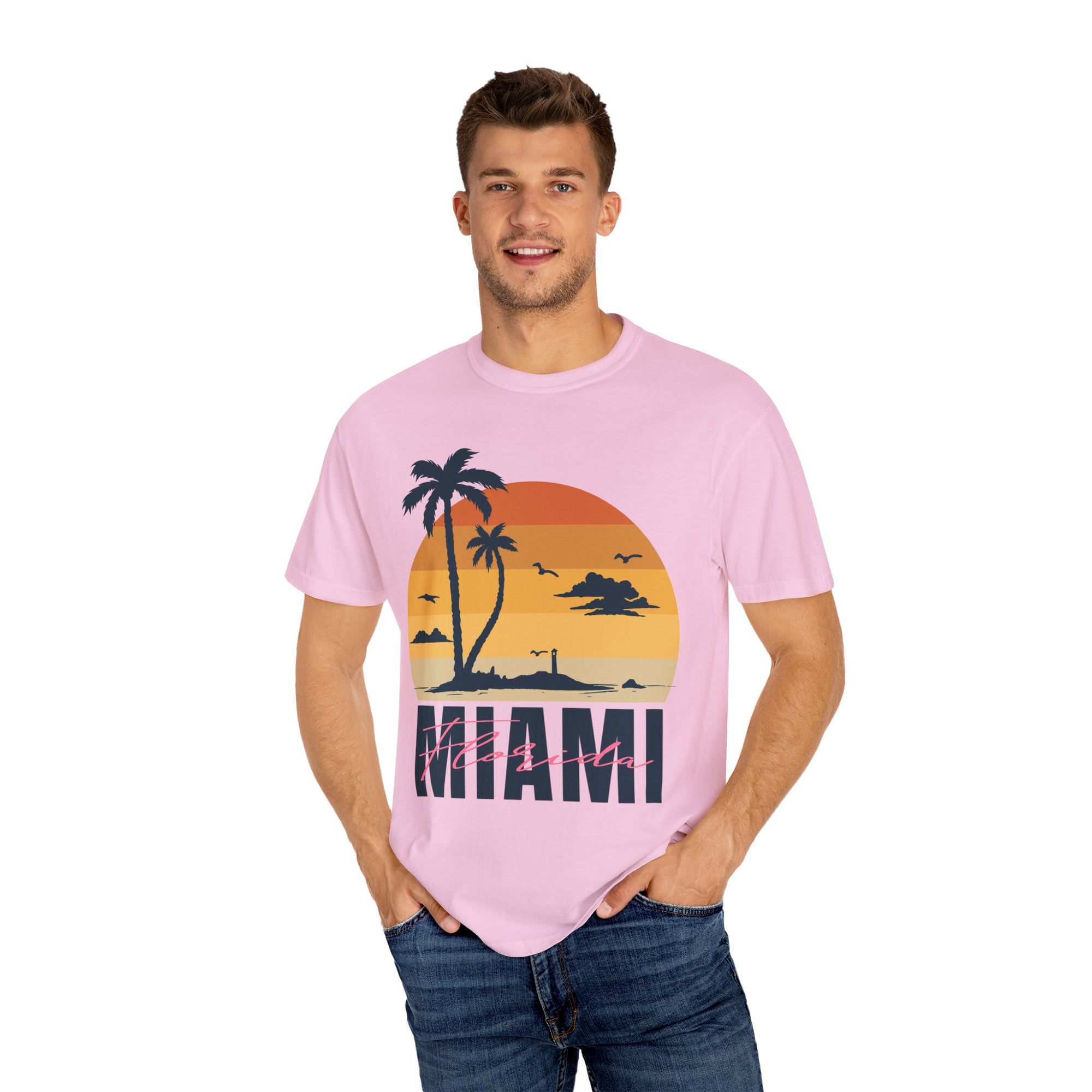Miami Florida Sunset TShirt - Unisex Garment-Dyed T-shirt | Miami Beach Vibes Tee | Miami Retro Sunset Summer Apparel