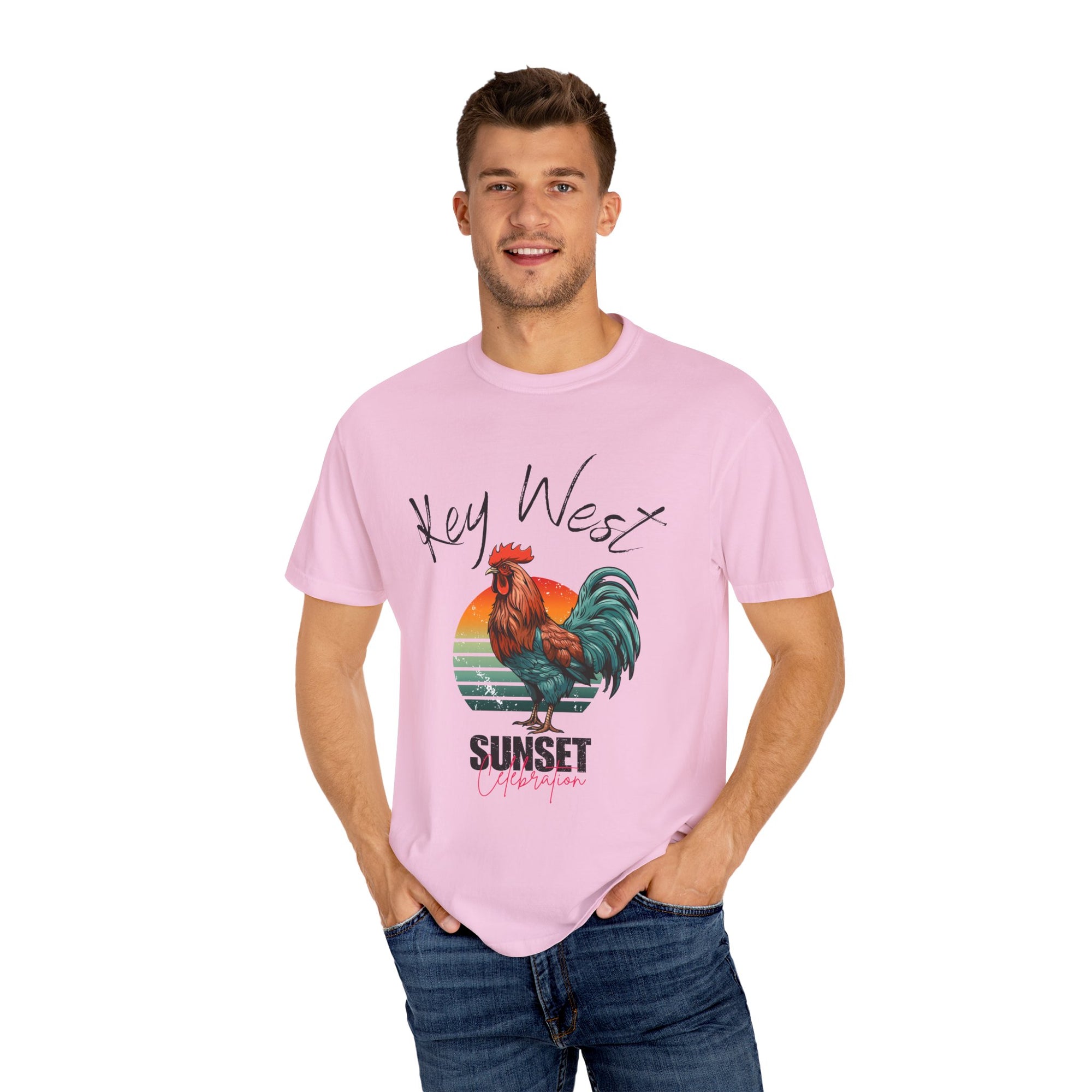 Key West Sunset Rooster T-Shirt, Unisex Summer Tee, Beach Vacation Shirt, Florida Souvenir Apparel, Casual Graphic Tee