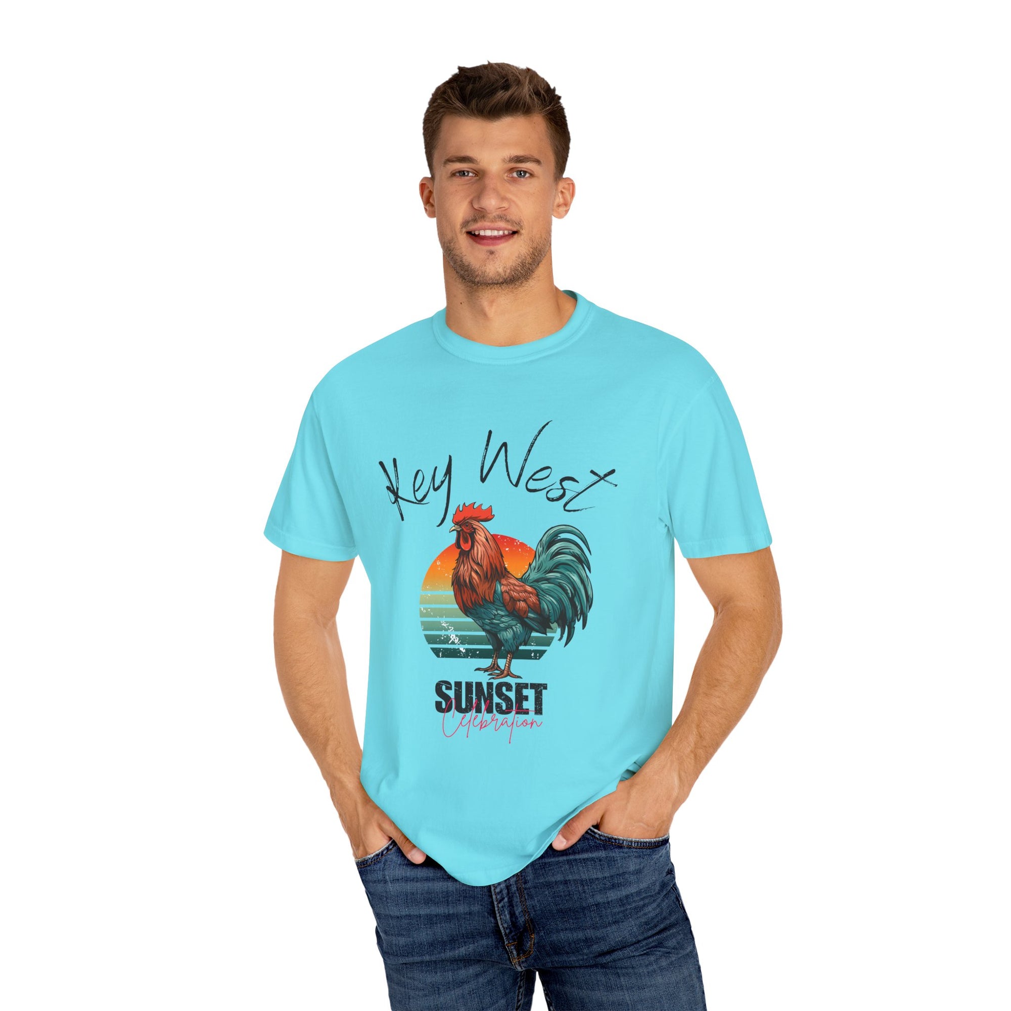 Key West Sunset Rooster T-Shirt, Unisex Summer Tee, Beach Vacation Shirt, Florida Souvenir Apparel, Casual Graphic Tee