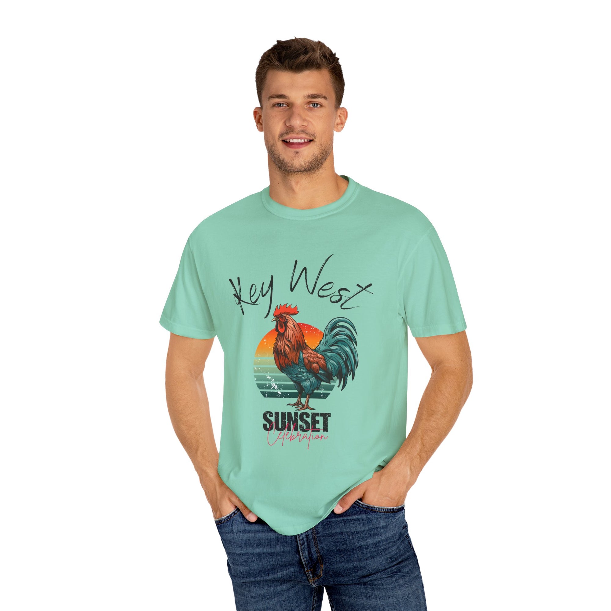Key West Sunset Rooster T-Shirt, Unisex Summer Tee, Beach Vacation Shirt, Florida Souvenir Apparel, Casual Graphic Tee