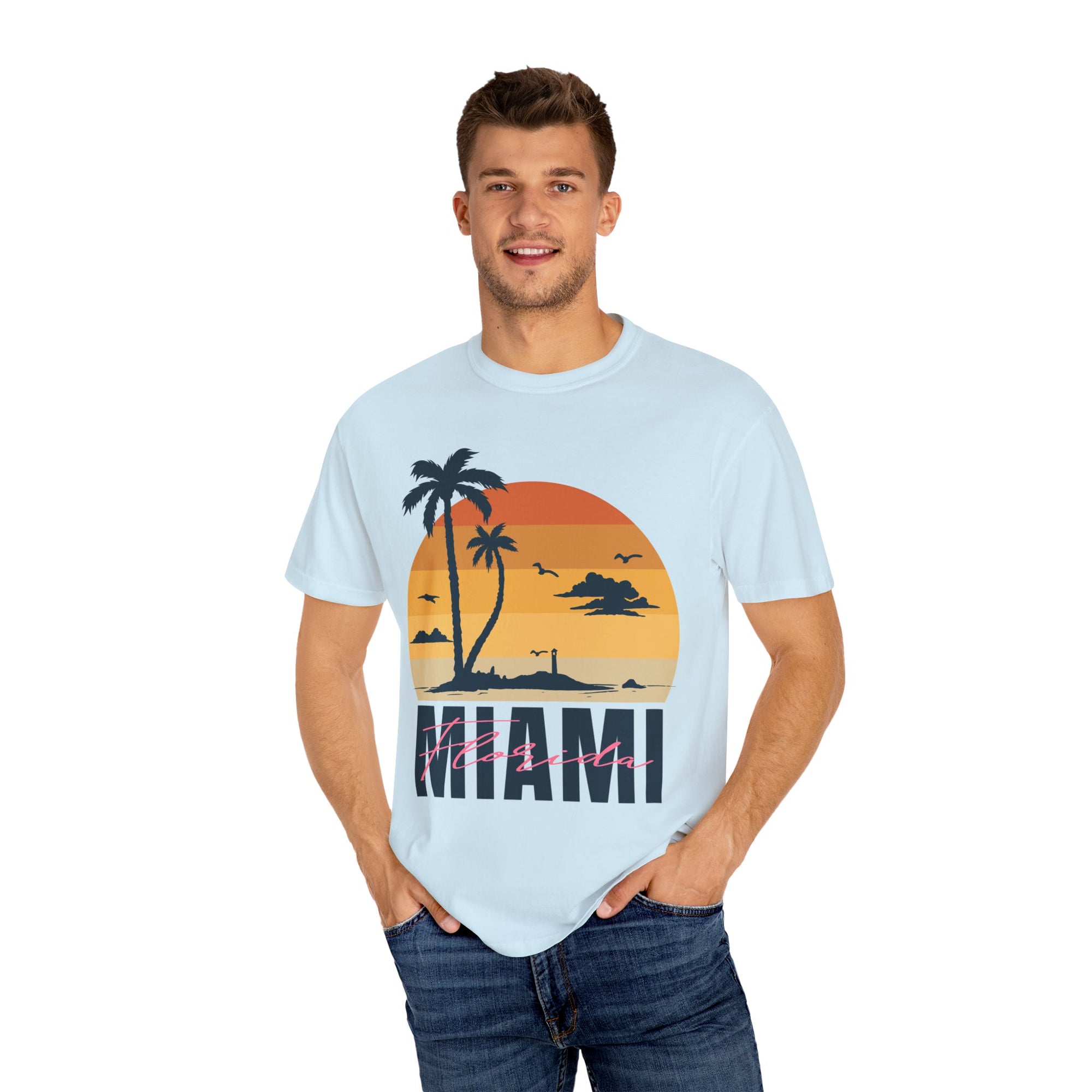 Miami Florida Sunset TShirt - Unisex Garment-Dyed T-shirt | Miami Beach Vibes Tee | Miami Retro Sunset Summer Apparel