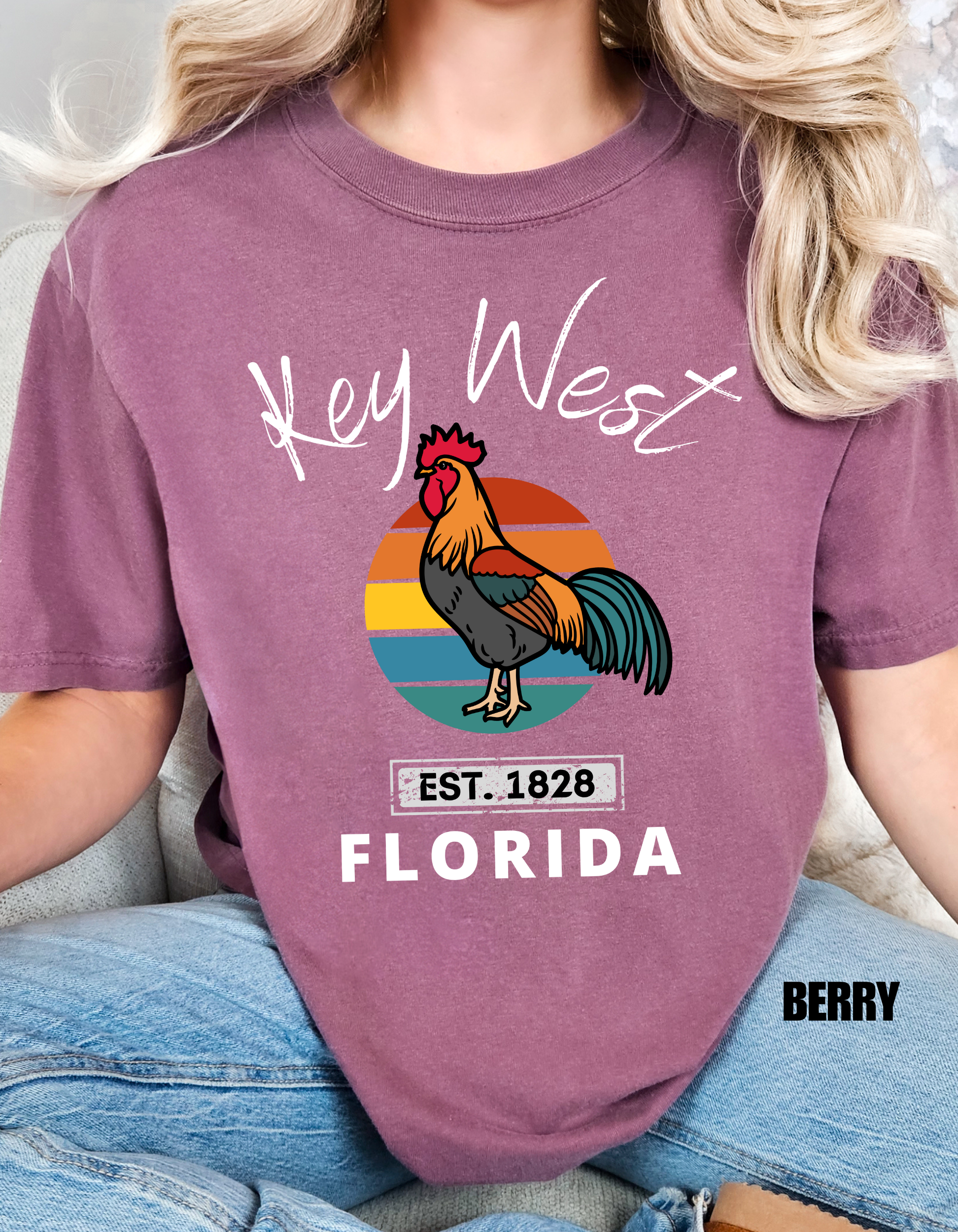 Key West Florida Rooster Retro Sunset Souvenir Tee - Unisex Florida Keys Rooster Design Tee, Florida Souvenir, Key West Merch, Beach Vacation Shirt