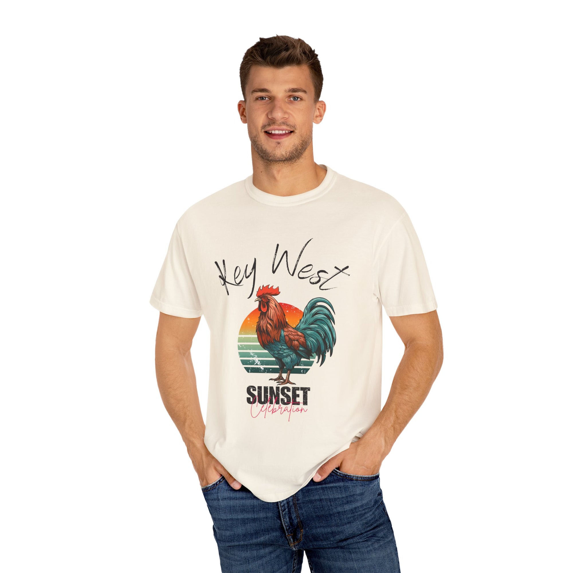 Key West Sunset Rooster T-Shirt, Unisex Summer Tee, Beach Vacation Shirt, Florida Souvenir Apparel, Casual Graphic Tee