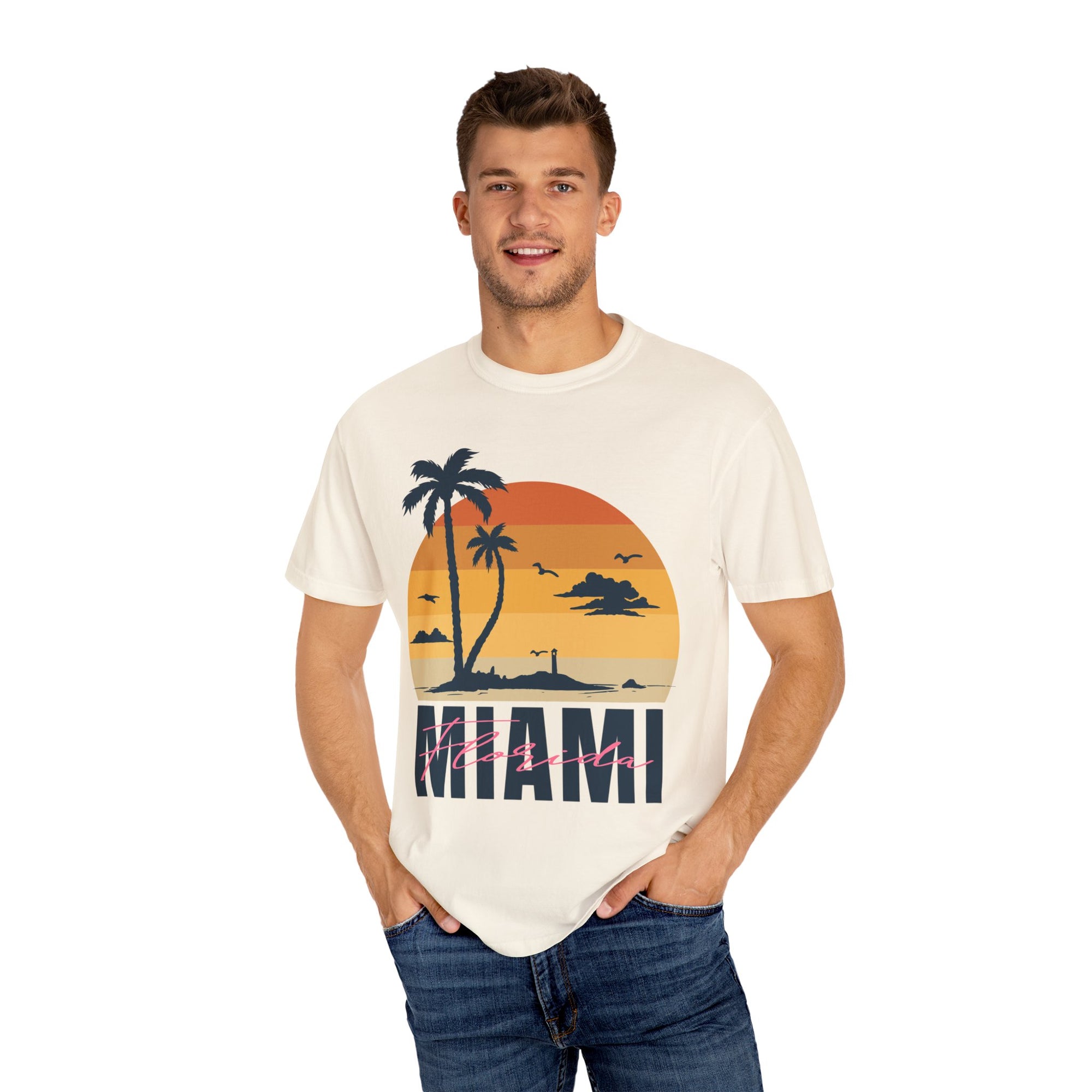 Miami Florida Sunset TShirt - Unisex Garment-Dyed T-shirt | Miami Beach Vibes Tee | Miami Retro Sunset Summer Apparel
