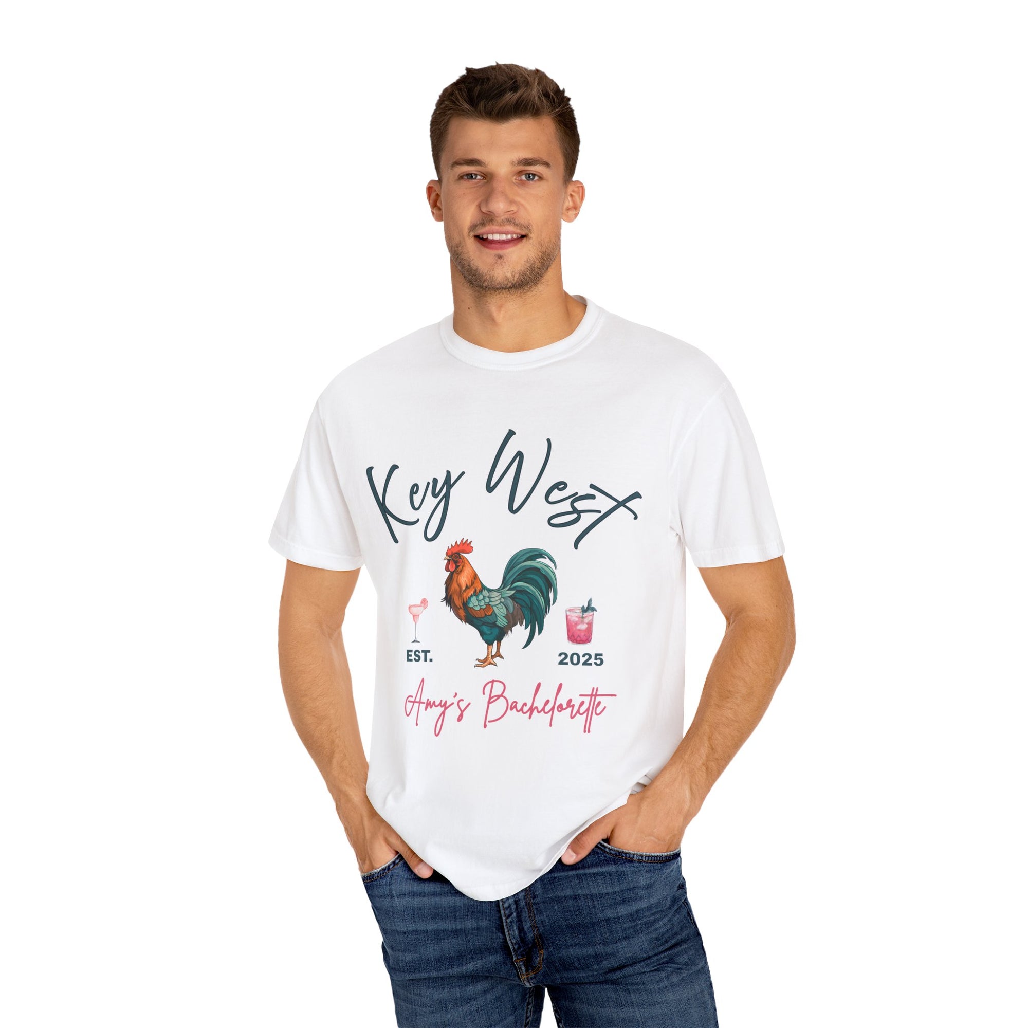 Key West Custom Bachelorette Party T-Shirt - Key West Florida Tee Rooster Bachelorette Shirt - Bridesmaid Proposal Gift Unisex Garment-Dyed