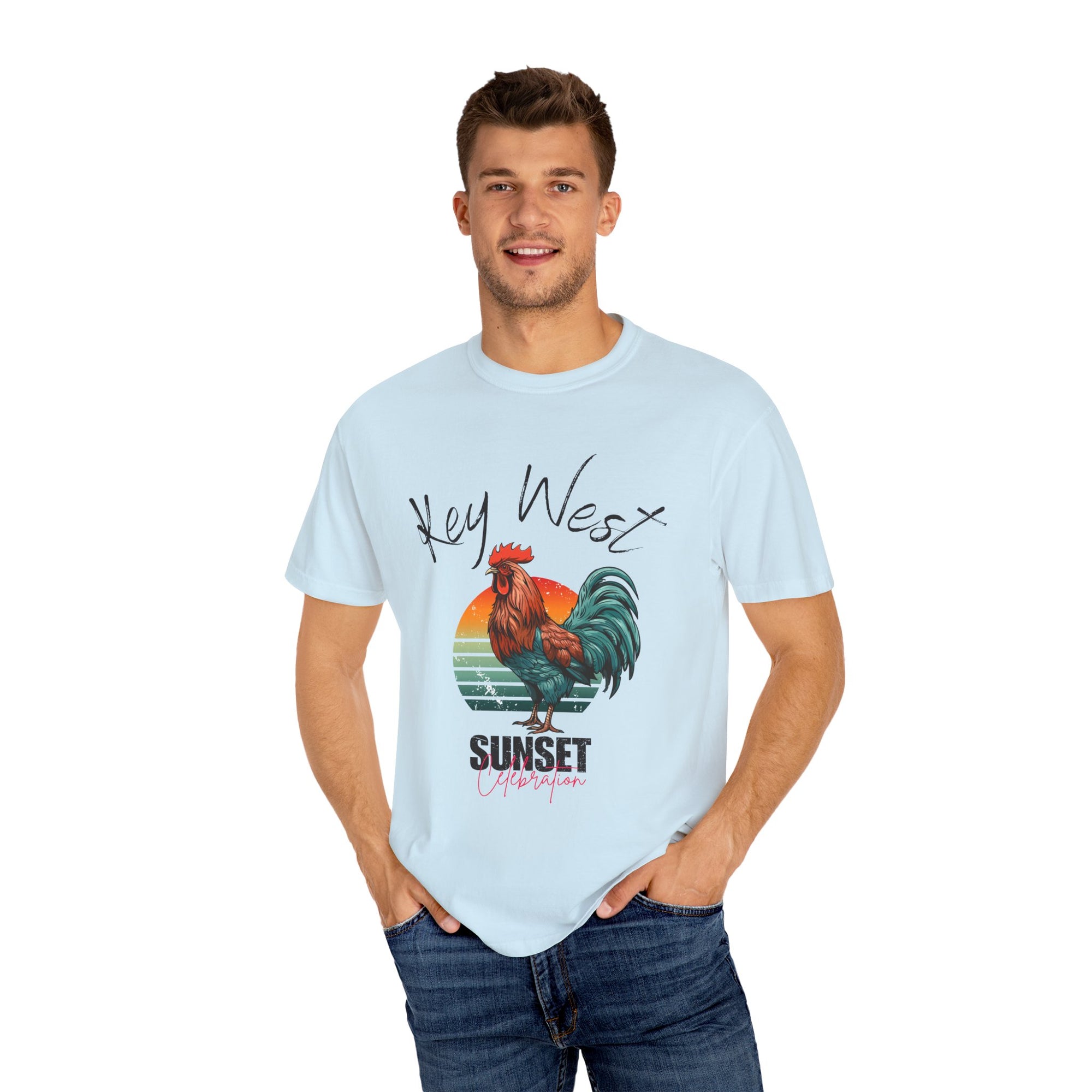 Key West Sunset Rooster T-Shirt, Unisex Summer Tee, Beach Vacation Shirt, Florida Souvenir Apparel, Casual Graphic Tee