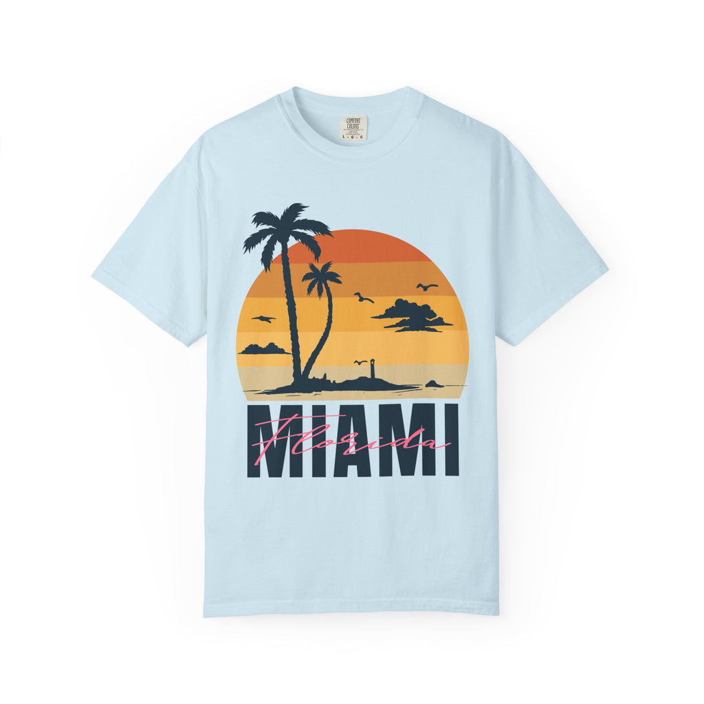 Miami Florida Sunset TShirt - Unisex Garment-Dyed T-shirt | Miami Beach Vibes Tee | Miami Retro Sunset Summer Apparel