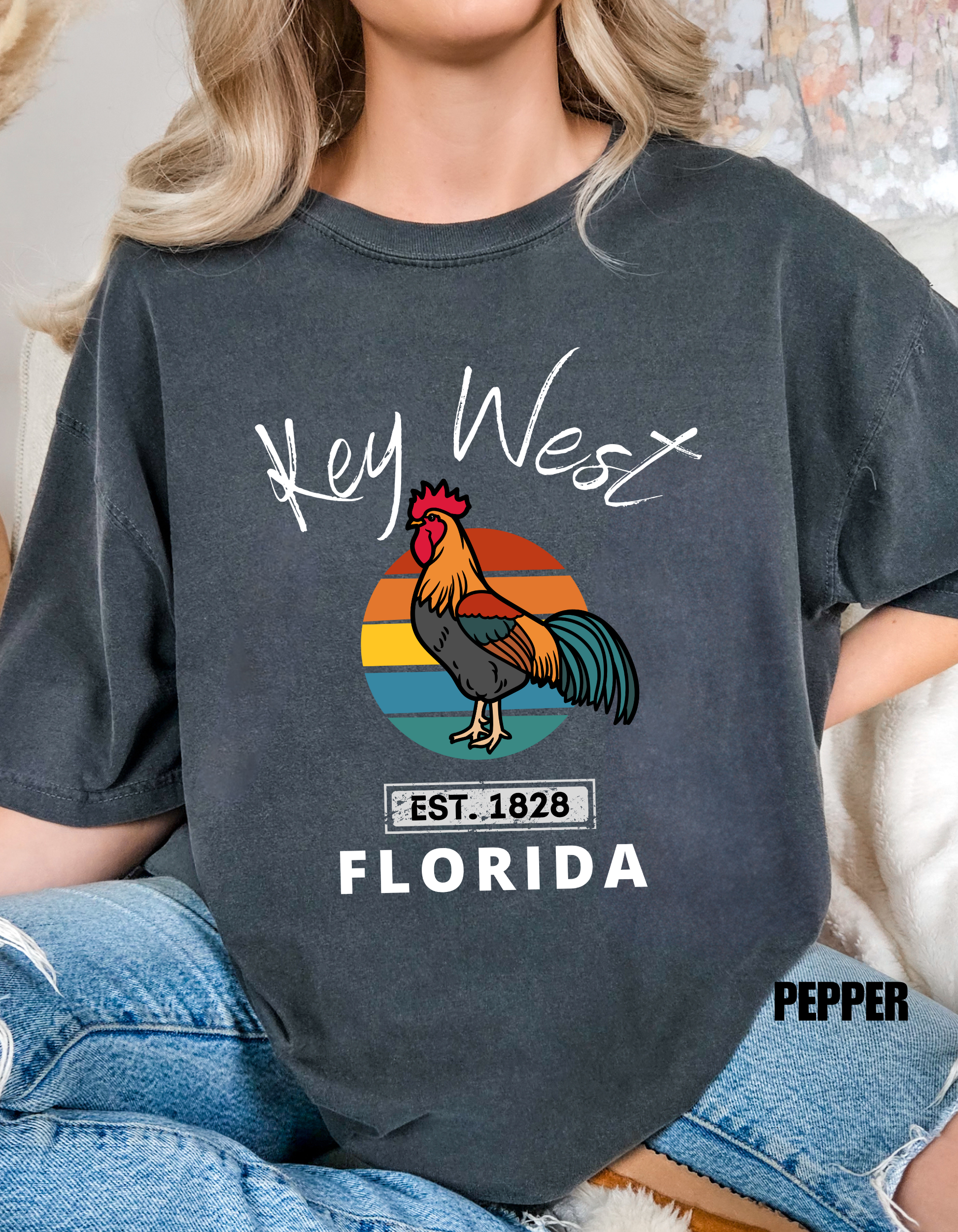 Key West Florida Rooster Retro Sunset Souvenir Tee - Unisex Florida Keys Rooster Design Tee, Florida Souvenir, Key West Merch, Beach Vacation Shirt