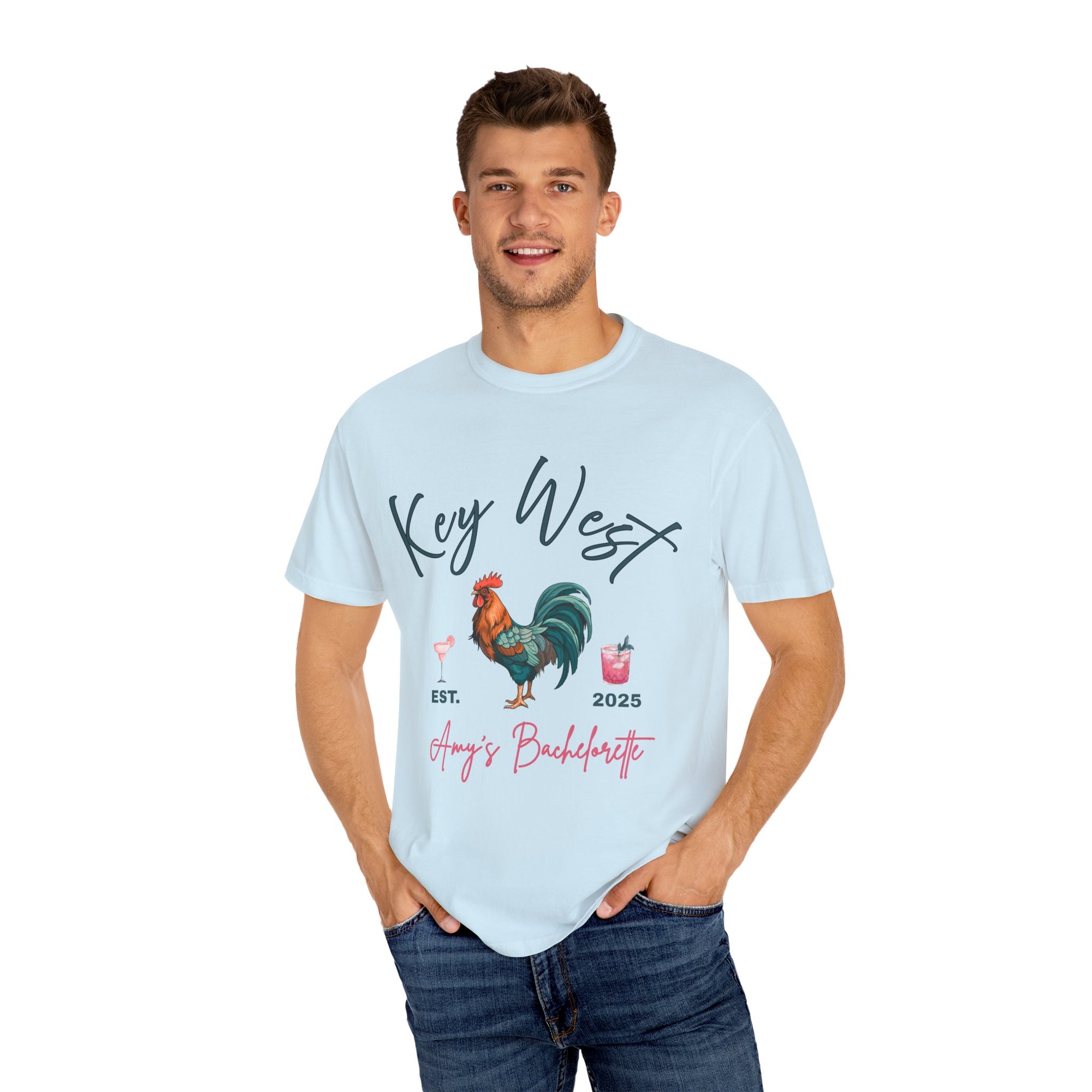 Key West Custom Bachelorette Party T-Shirt - Key West Florida Tee Rooster Bachelorette Shirt - Bridesmaid Proposal Gift Unisex Garment-Dyed