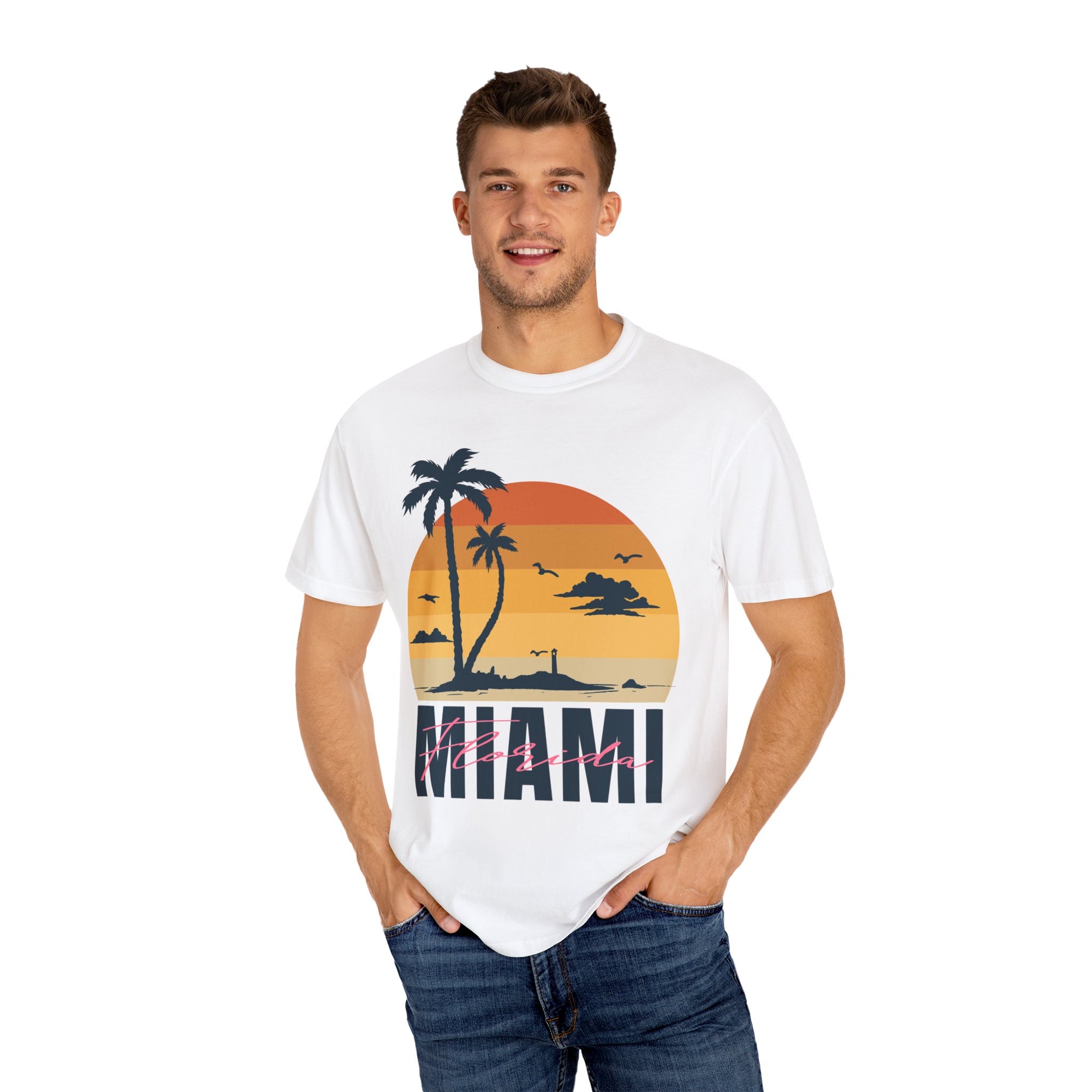 Miami Florida Sunset TShirt - Unisex Garment-Dyed T-shirt | Miami Beach Vibes Tee | Miami Retro Sunset Summer Apparel