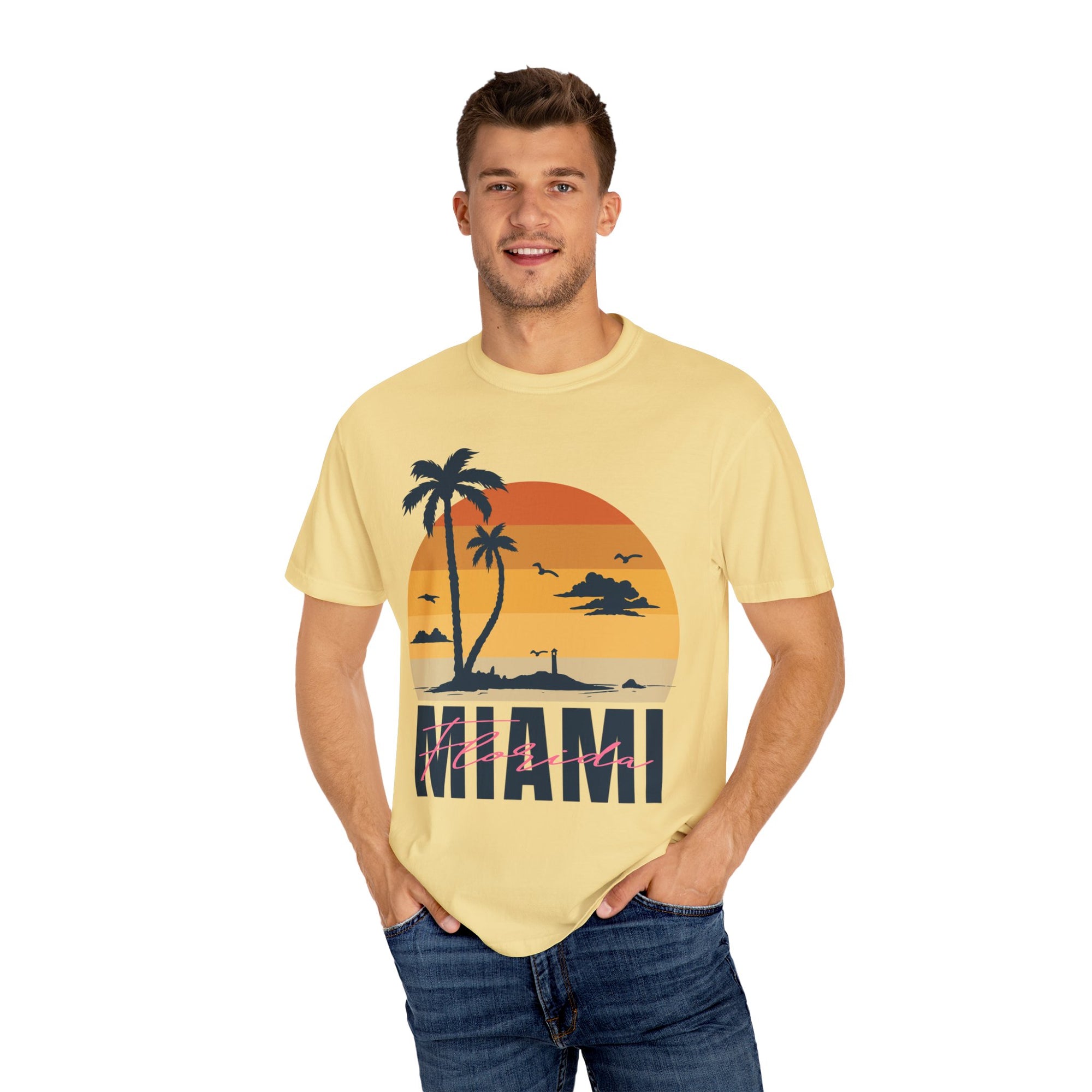 Miami Florida Sunset TShirt - Unisex Garment-Dyed T-shirt | Miami Beach Vibes Tee | Miami Retro Sunset Summer Apparel