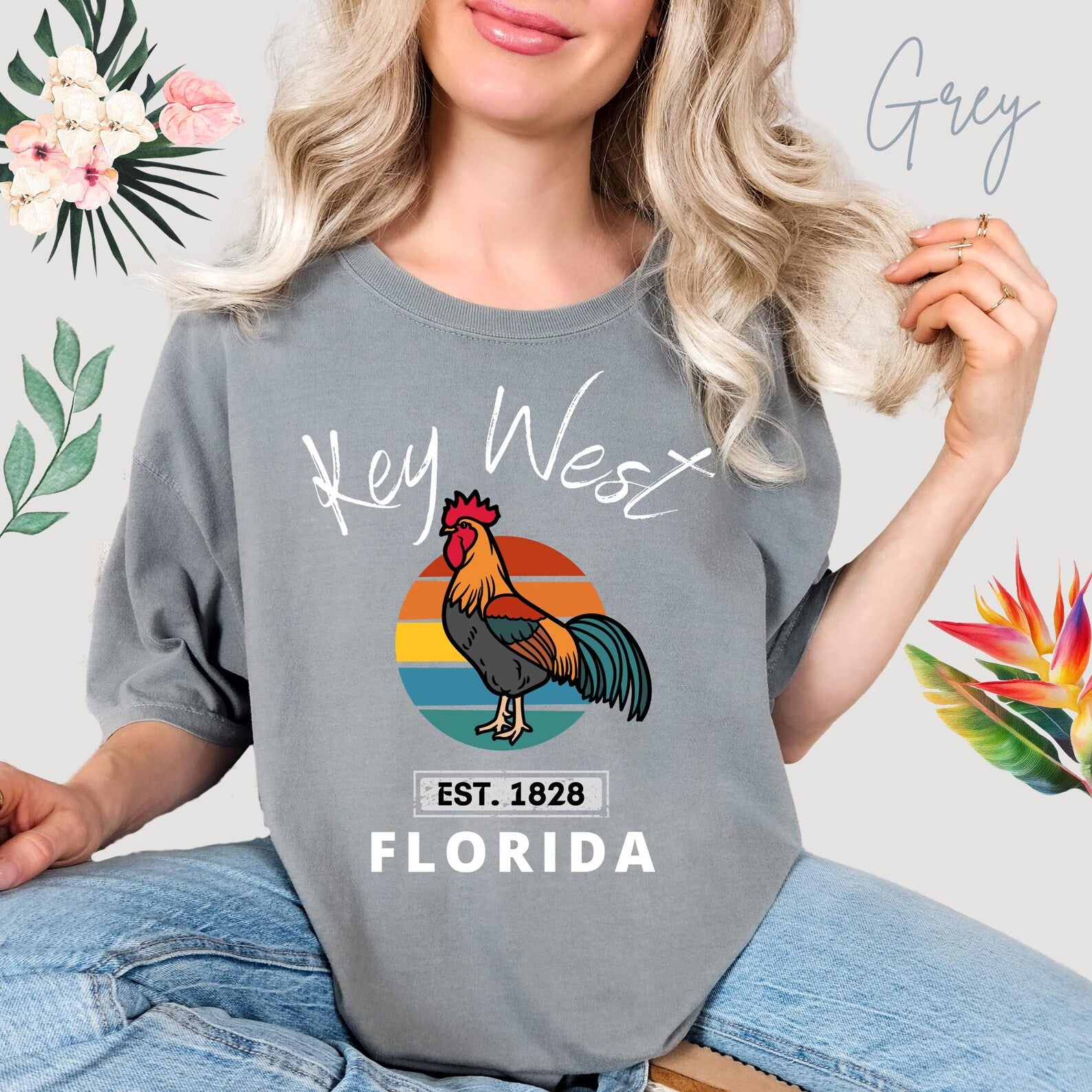 Key West Florida Rooster Retro Sunset Souvenir Tee - Unisex Florida Keys Rooster Design Tee, Florida Souvenir, Key West Merch, Beach Vacation Shirt